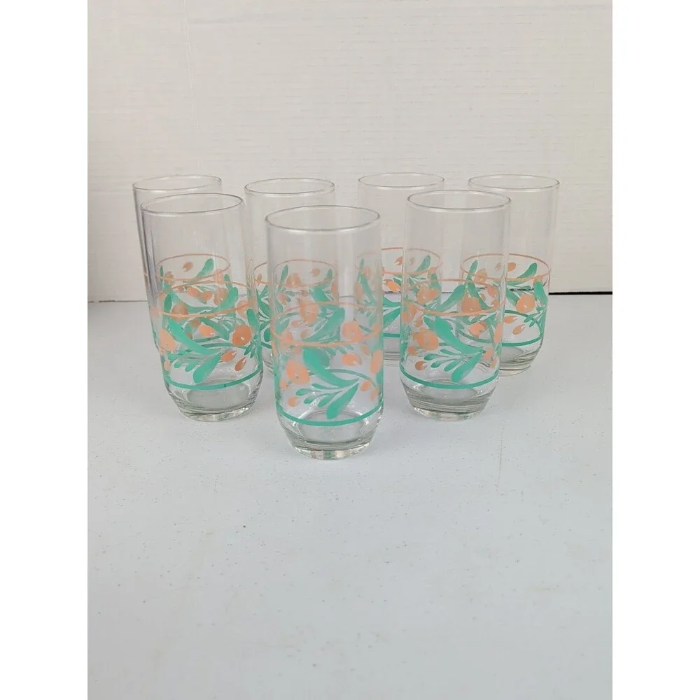 Libbey 17 Ounce  Ice Tea Glasses Clear with Teal And Peach Design MCM Set of 7